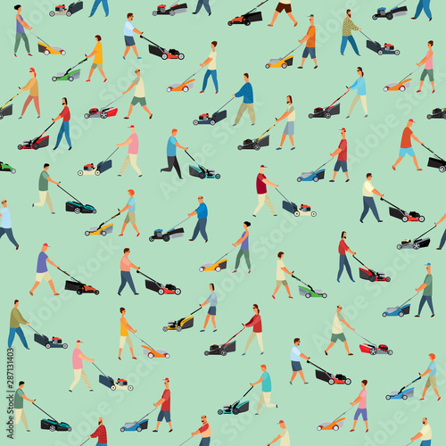 Seamless pattern. Many different people mow grass with lawn mowers. Vector full color graphics