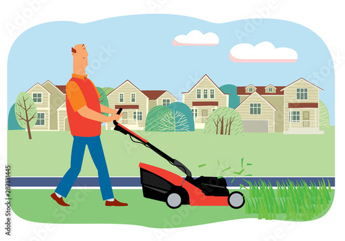 Smiling man mows grass with a lawn mower on the background of houses. Vector full color graphics