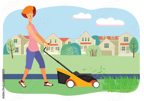 Smiling woman mows grass with a lawn mower on the background of houses. Vector full color graphics