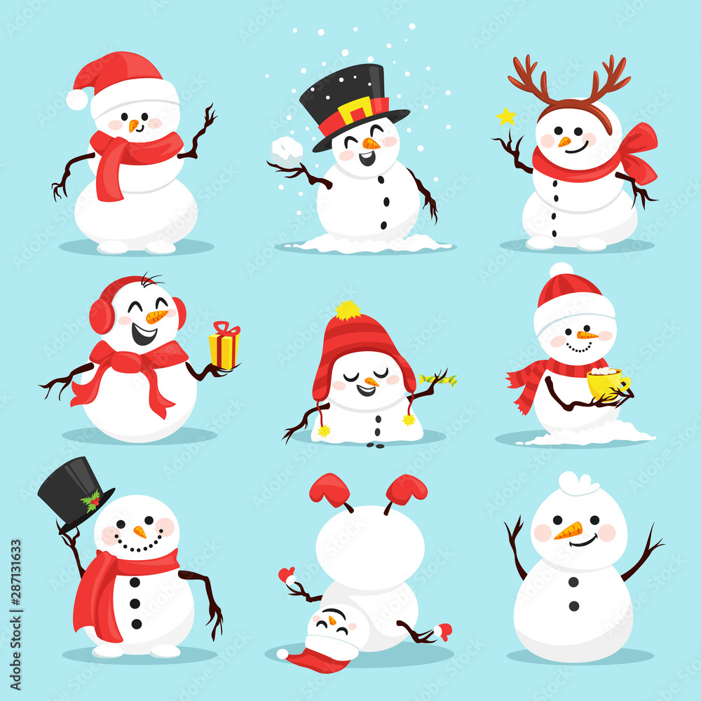 Cute christmas snowmen flat vector illustrations set