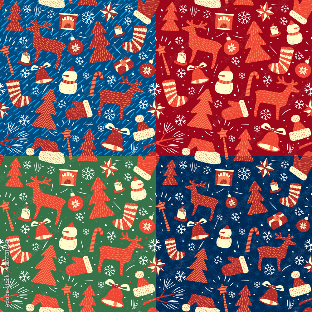 Christmas Background for gift wrapping. A set of different color schemes. Seamless patterns. Vector full color graphics