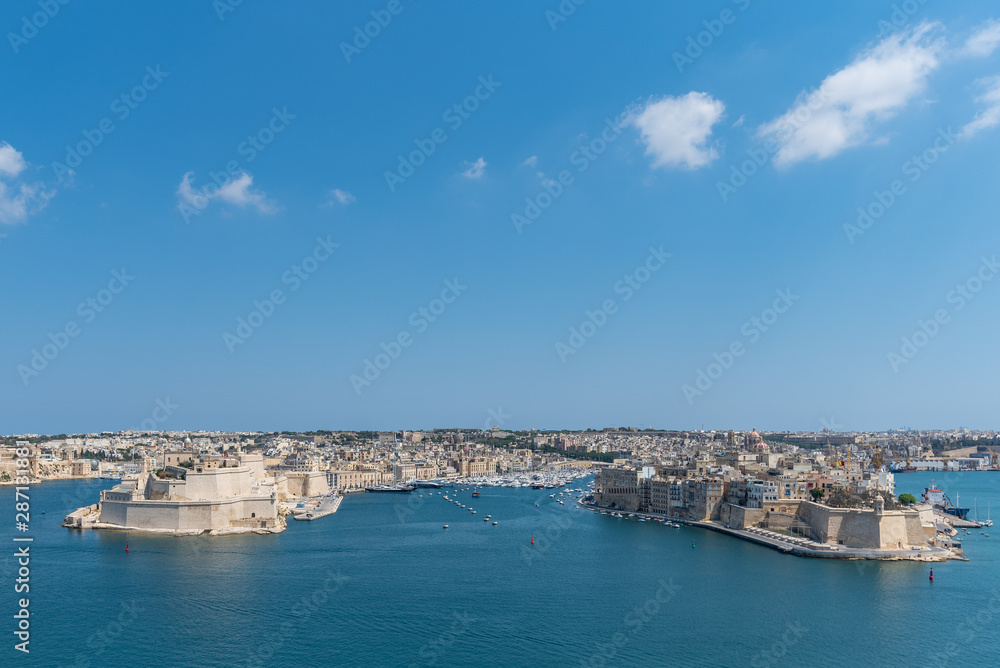 Valletta Malta July 27 2017 The view of the Grand Harbour (Port of Valletta) with the  fortified cities of Birgu, Senglea and Cospicua. Malta.