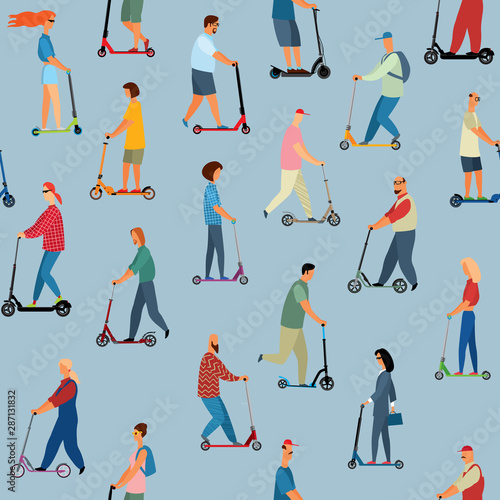 Seamless pattern. Different people ride different scooters. Vector full color graphics