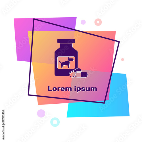 Purple Dog medicine bottle and pills icon isolated on white background. Container with pills. Prescription medicine for animal. Color rectangle button. Vector Illustration