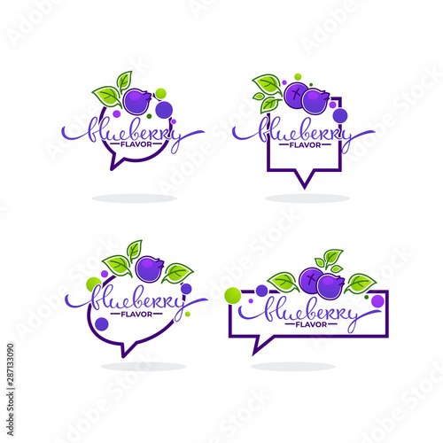 blueberry flavor, doodle logo collection with berry symbols, leaves and lettering composition