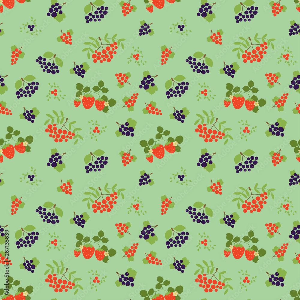 Berry seamless pattern. Fashion print. Clothes design. Mountain ash, strawberry, currant, rowan, viburnum and black chokeberry. Vector organic vegan healthy food. Hand drawn doodle background Berry seamless pattern. Fashion print. Clothes design. Mountain ash, strawberry, currant, rowan, viburnum and black chokeberry. Vector organic vegan healthy food. Hand drawn doodle background