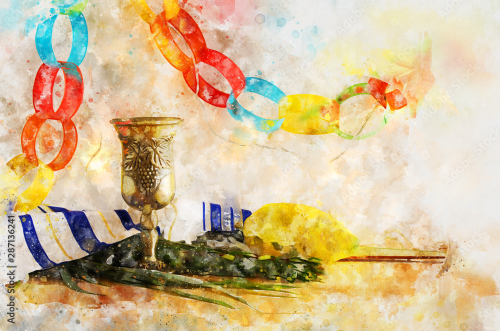 Fototapeta premium watercolor style and abstract image of Jewish festival of Sukkot. Traditional symbols (The four species): Etrog, lulav, hadas, arava