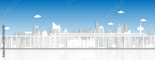 Panorama building and city, Urban cityscape, paper cut style vector illustration.