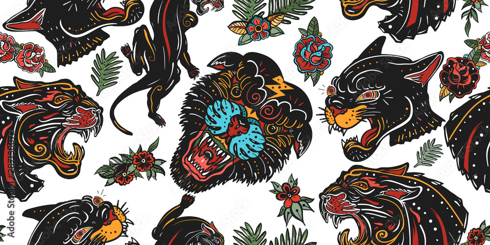 Black panthers head and roses seamless pattern. Old school tattoo style.  Wild cats in jungle, animals background. Traditional tattooing style Stock  Vector | Adobe Stock