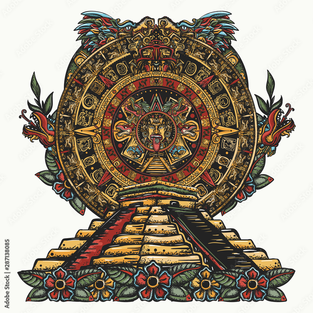 Aztec sun stone and pyramids Chichen Itzá and Kukulkan god (Feathered serpent). Tattoo and t-shirt design. Mayan calendar and ancient glyphs. Quetzalcoatl. Mesoamerican mexico mythology and culture Stock Vector