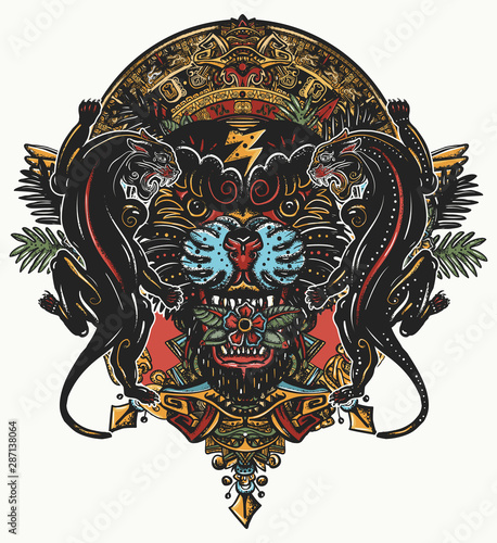 Black panthers and mayan sun calendar. Wild cats totem, jungle art. Mesoamerican mexican culture. Esoteric color tattoo and t-shirt design