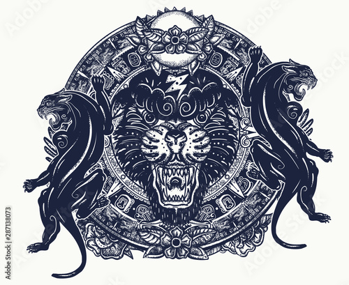Black panthers and mayan sun calendar. Mesoamerican mexican culture. Esoteric tattoo and t-shirt design. Wild cats totem, jungle art