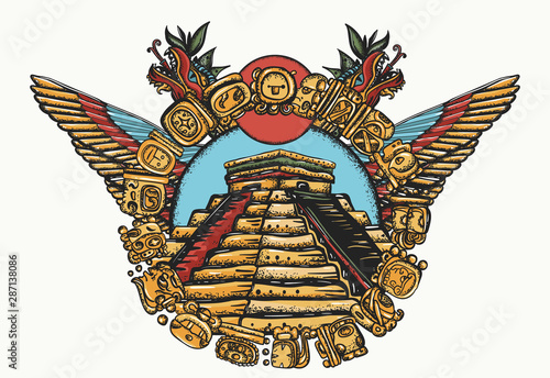Mayan pyramids old school tattoo and t-shirt design. Chichen Itzá. Mesoamerican mexico mythology and culture. Tribal totem and ancient glyphs