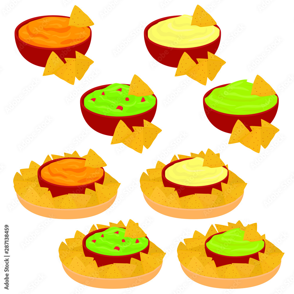 Chips and dip vector set, colored isolated clipart, different dips in