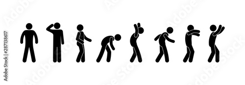 stick figure man illustration, different poses and gestures, waved hands, isolated symbols