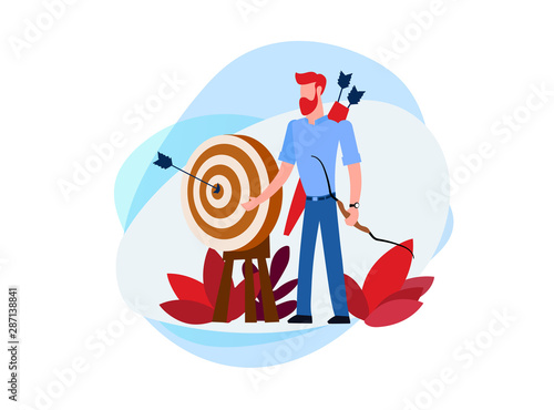 Business goals and objectives. Office worker near the target. Best decision. Goal achievement. Business solution strategy concept. Flat illustration an archer with a bow and a target with an arrow