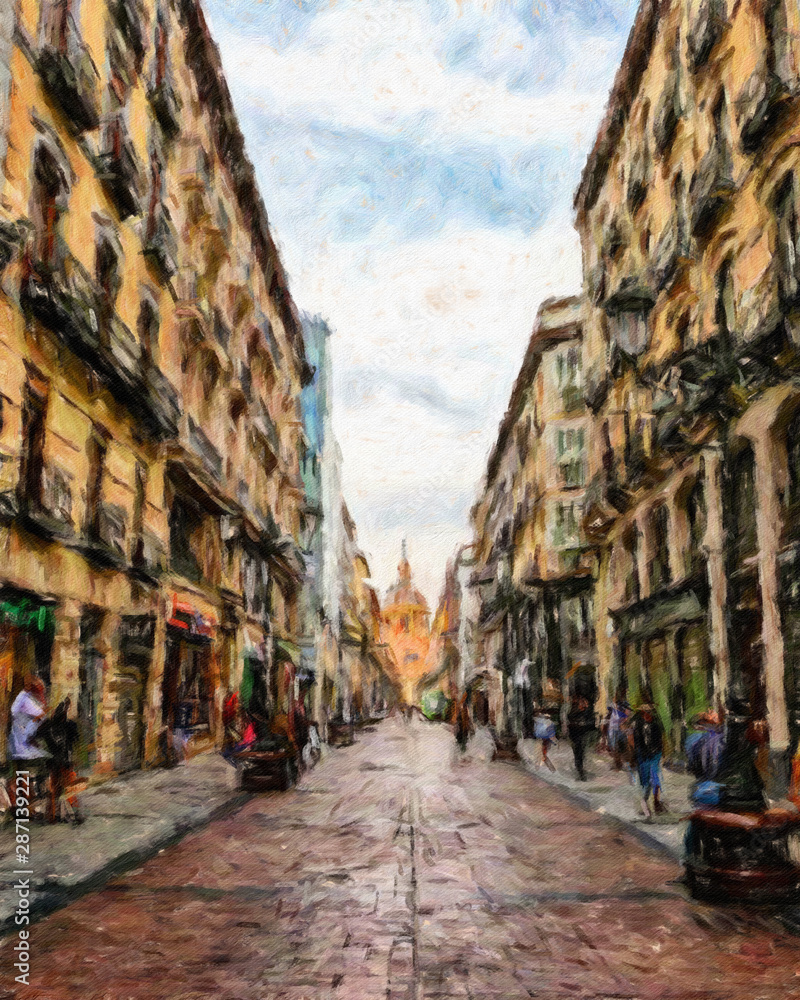 Oil painting colorful old european street view. Digital drawing print for canvas, paper. Contemporary fine impressionism art. Postcard, poster, stationary design. Travel in Europe, beautiful houses.