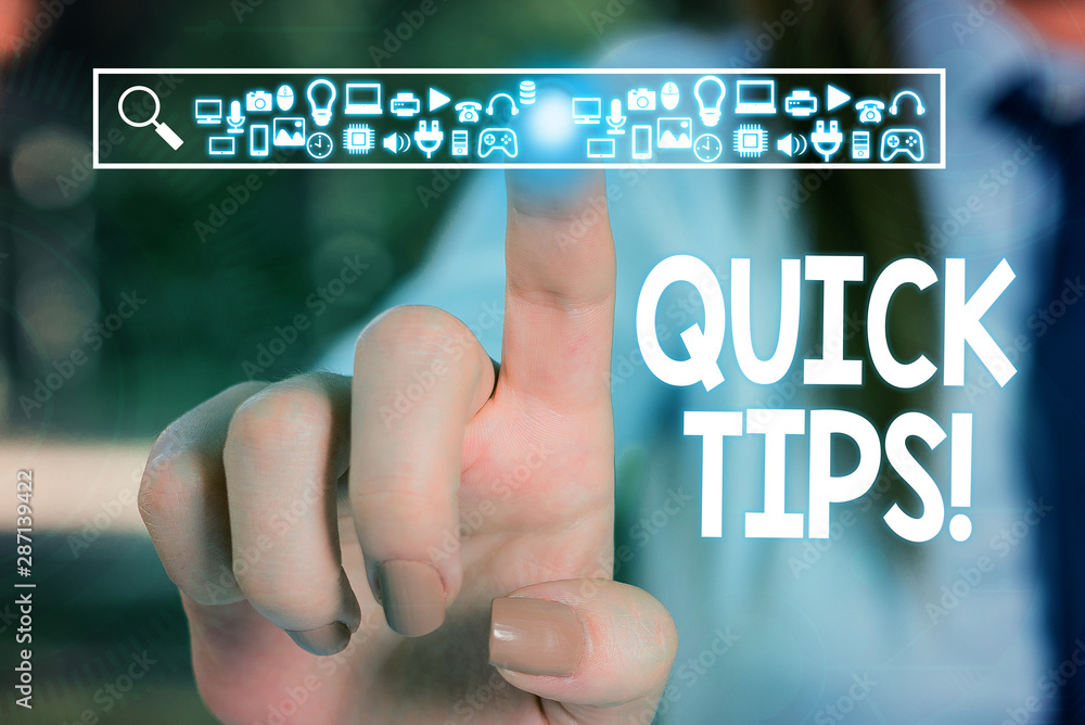 Text sign showing Quick Tips. Business photo text small but particularly useful piece of practical advice Woman wear formal work suit presenting presentation using smart device Text sign showing Quick Tips. Business photo text small but particularly useful piece of practical advice Woman wear formal work suit presenting presentation using smart device