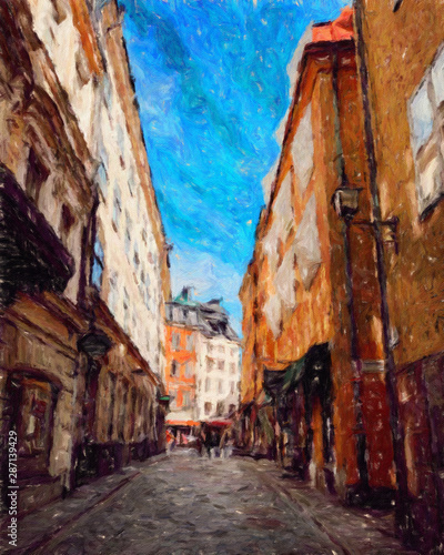 Oil painting colorful old european street view. Digital drawing print for canvas  paper. Contemporary fine impressionism art. Postcard  poster  stationary design. Travel in Europe  beautiful houses.