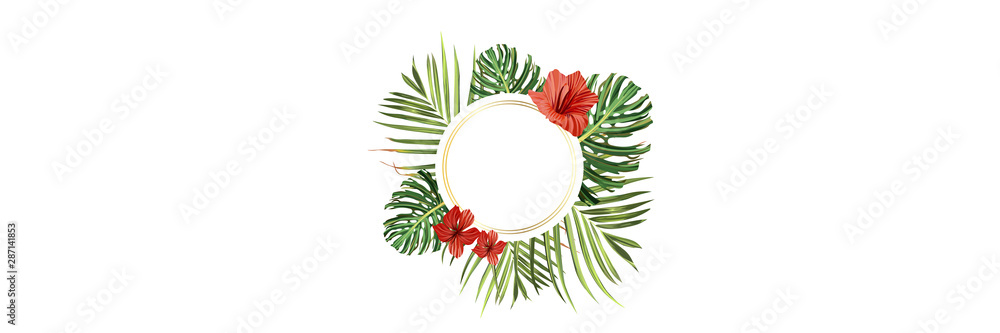 Tropical island. Flower and palm wallpaper. Vector jungle illustration. Green tropical island banner Tropical island. Flower and palm wallpaper. Vector jungle illustration. Green tropical island banner