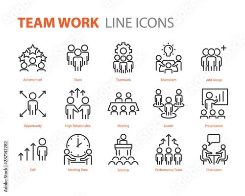 set of people line icons, such as team, meeting, video conference, group, management, leader