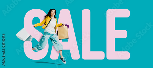 Promotional sale banner with cheerful girl