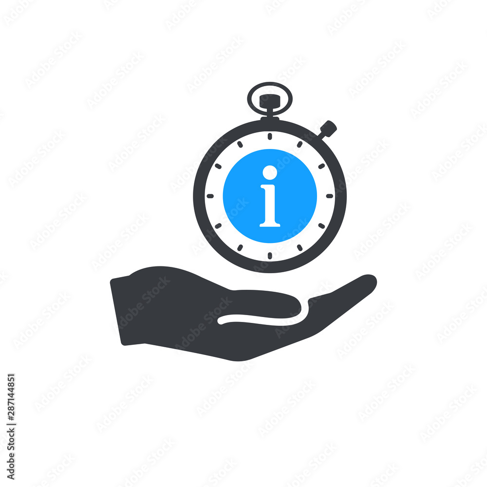 Time management icon with information sign, about, faq, help, hint symbol. Hand holding stopwatch Time management icon with information sign, about, faq, help, hint symbol. Hand holding stopwatch