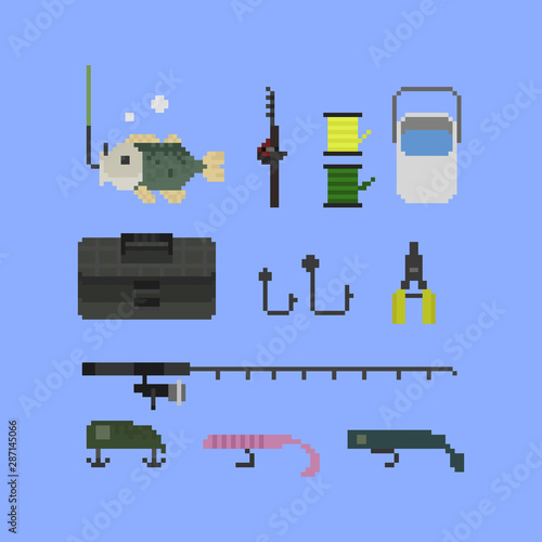 Pixel fishing elements set.8 bit art.