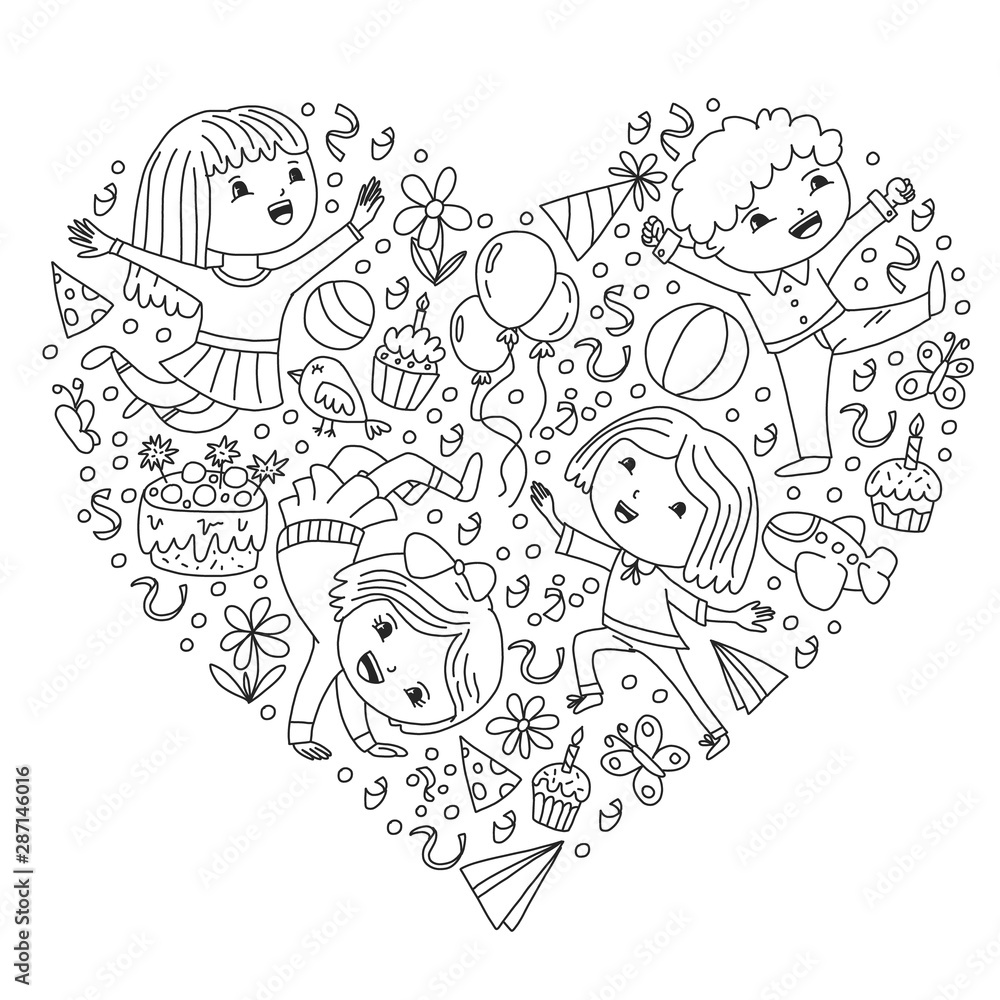 Vector illustration in cartoon style, active company of playful preschool kids jumping, at a party, birthday. Drawing on exercise notebook. Vector illustration in cartoon style, active company of playful preschool kids jumping, at a party, birthday. Drawing on exercise notebook.