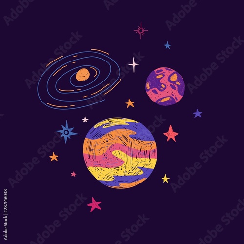 Cute children's illustration with planet and star. Template design doodle style for t-shirt or wall art. Space elements for print nursery decoration. Vector