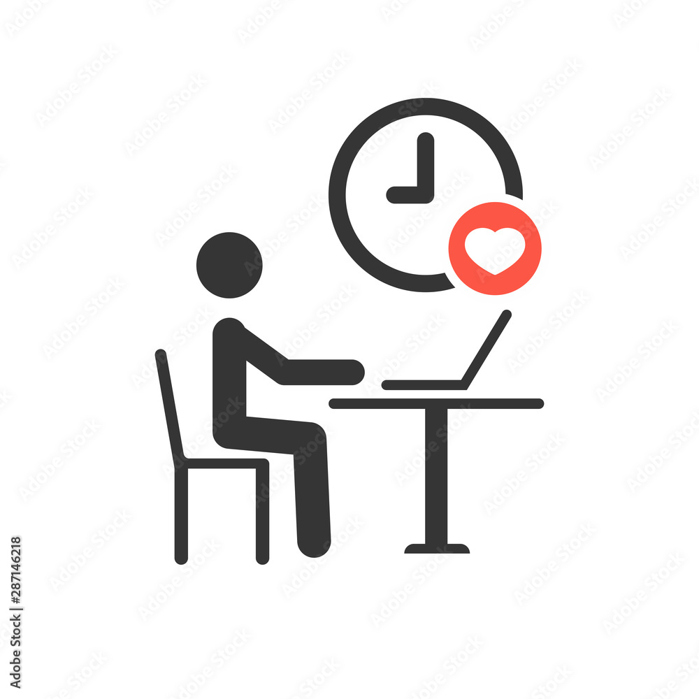 Working process icon with heart sign, favorite, like, love, care symbol. Pictogram Businessman Working on Computer Working process icon with heart sign, favorite, like, love, care symbol. Pictogram Businessman Working on Computer