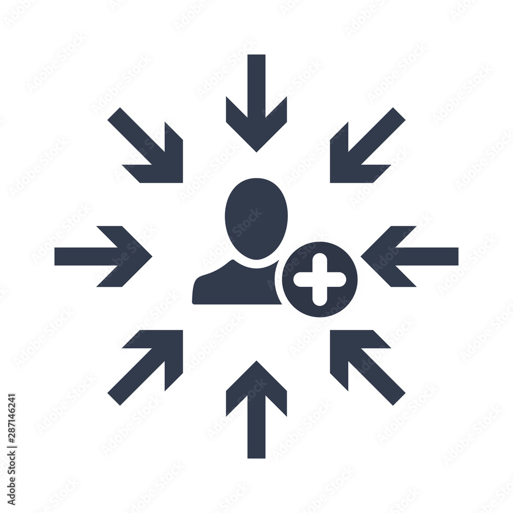 Target audience. Customer, client targeting. Consumer centricity. Focus human icon with add sign, new, plus, positive symbol Target audience. Customer, client targeting. Consumer centricity. Focus human icon with add sign, new, plus, positive symbol