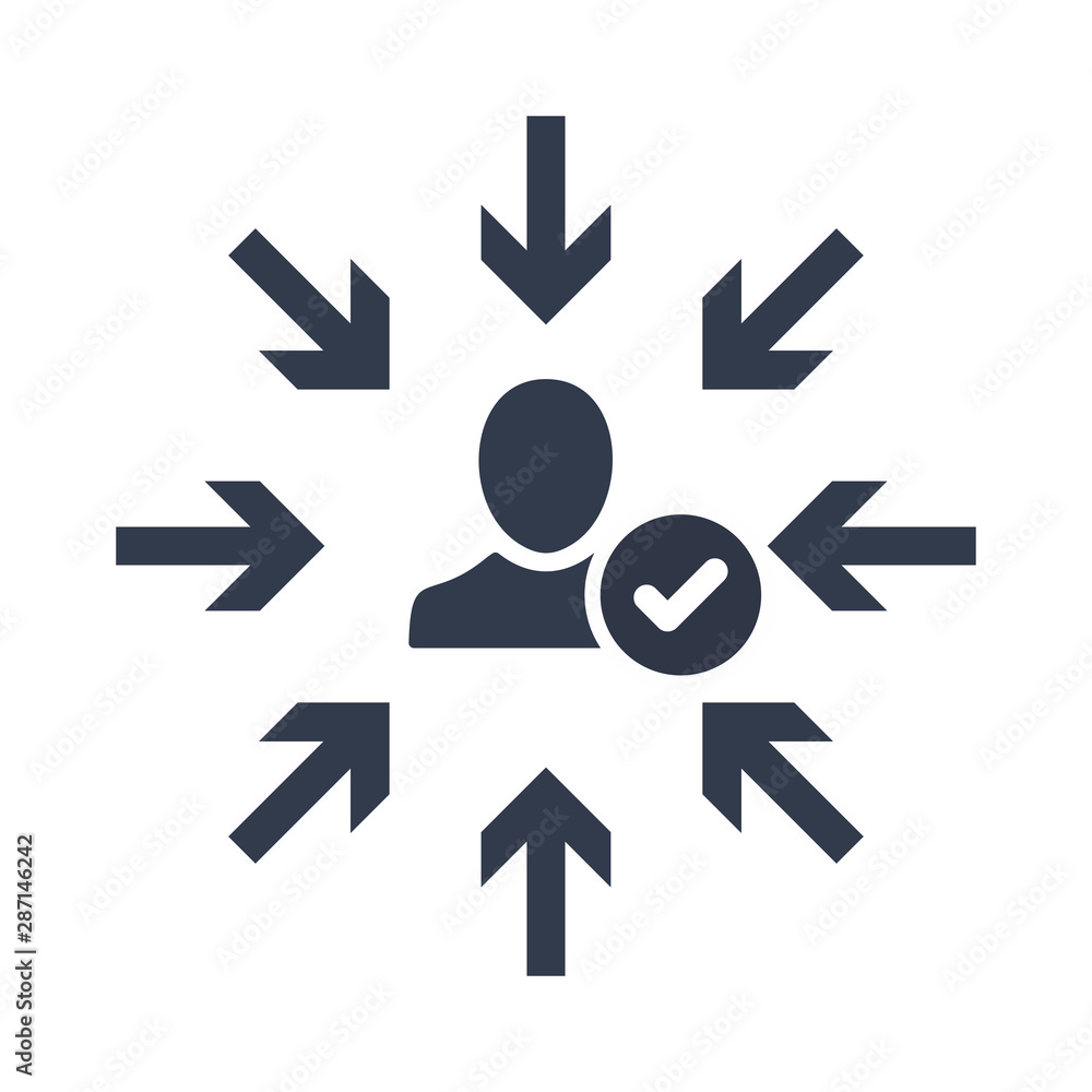 Target audience. Customer, client targeting. Consumer centricity. Focus human icon with check sign, approved, confirm, done, tick, completed symbol Target audience. Customer, client targeting. Consumer centricity. Focus human icon with check sign, approved, confirm, done, tick, completed symbol