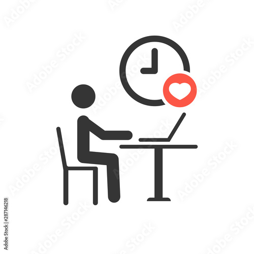 Working process icon with heart sign, favorite, like, love, care symbol. Pictogram Businessman Working on Computer