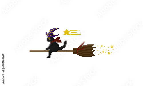 Pixel witch cat ride flying broom.8 bit characters.