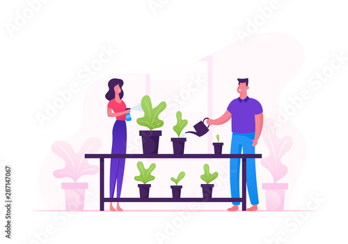 Man and Woman Spraying and Water Flowers on Shelf with Watering Can