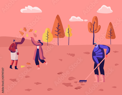 Happy People Spend Time in Autumn Park or Forest. Modern Casual Women Playing with Fallen Autumn Leaves. Man Janitor Raking Foliage from Ground. Fall Season Leisure Cartoon Flat Vector Illustration