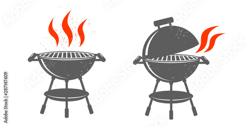 Black BBQ Grill illustrations with red fire on white background.