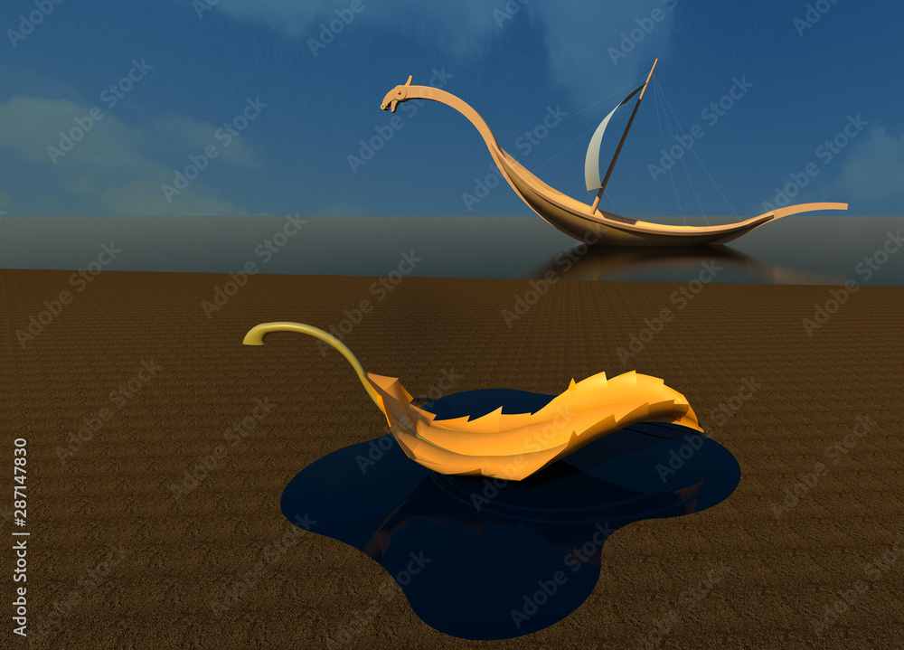 Obraz premium An autumn leaf floating in a puddle and a Viking ship in the sea at the background 3D illustration 1. Shapes and places similarity, perspective view. Collection.