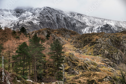 Beautiful moody landscape images of Ogwen Valley in Snowdonia during Winter with snowcapped Glyers mountain range in the background photo