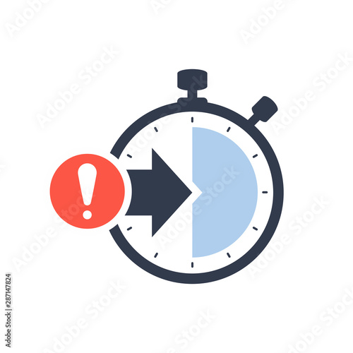 Stopwatch symbol with arrow. Launch, management, optimization, release concept icon with exclamation mark, alert, error, alarm, danger symbol