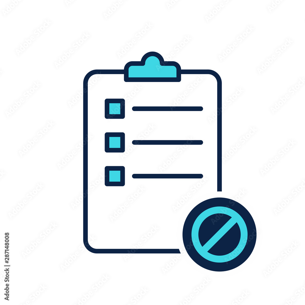Clipboard or checklist icon with not allowed sign, block, forbidden, prohibit symbol Clipboard or checklist icon with not allowed sign, block, forbidden, prohibit symbol