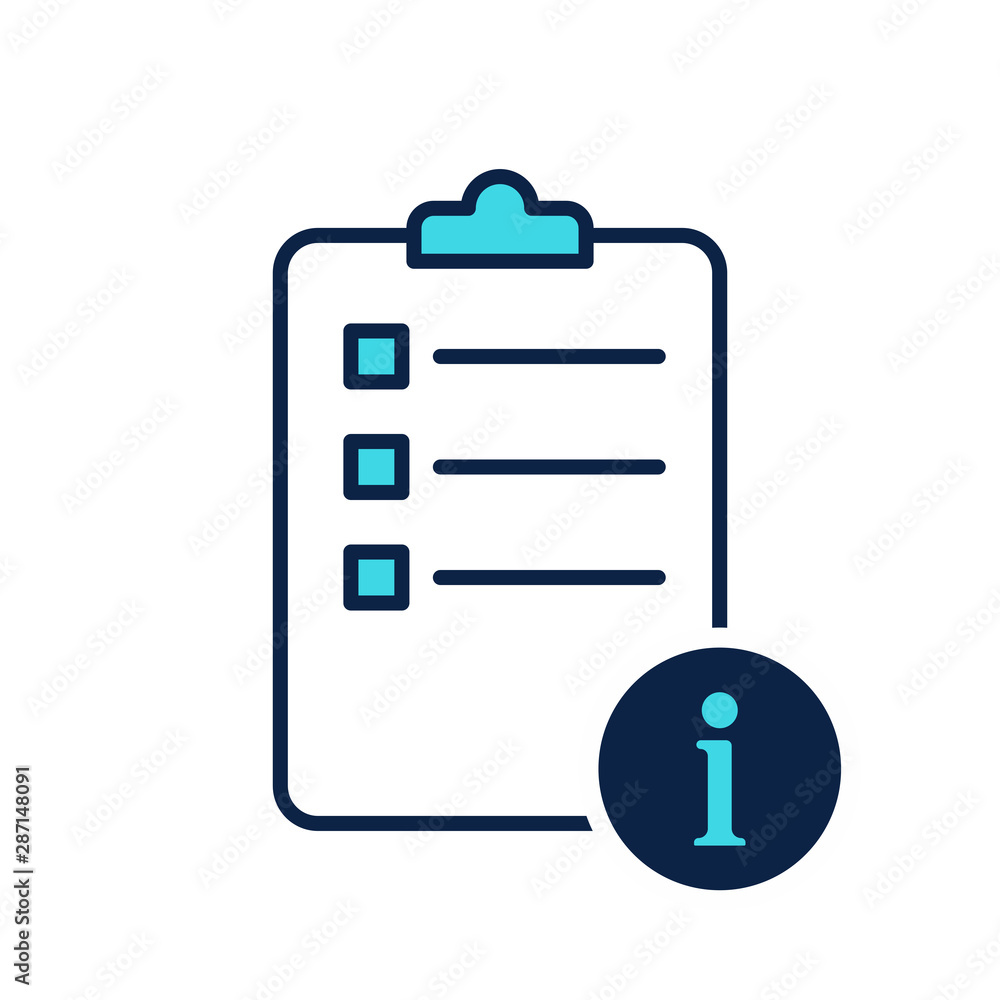 Clipboard or checklist icon with information sign, about, faq, help, hint symbol Clipboard or checklist icon with information sign, about, faq, help, hint symbol