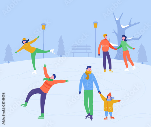 Merry Christmas, Happy New Year winter holiday greeting card. People characters ice skating on the rink. Excited family outside. Vector Illustration