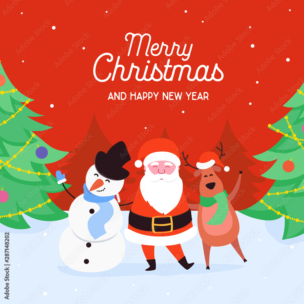 Merry Christmas characters of Santa Claus, Reindeer and Snowman. Happy Winter Holidays New Year greeting card, poster or design template. Vector illustration Merry Christmas characters of Santa Claus, Reindeer and Snowman. Happy Winter Holidays New Year greeting card, poster or design template. Vector illustration