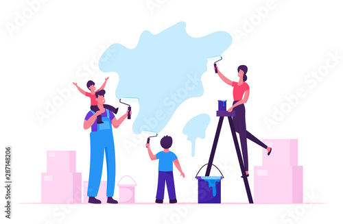 Happy Family with Kids Painting Wall with Rollers Making Renovation at Home. Parents and Children Spend Time Together in Activity Spare Time, Moving in New House. Cartoon Flat Vector Illustration