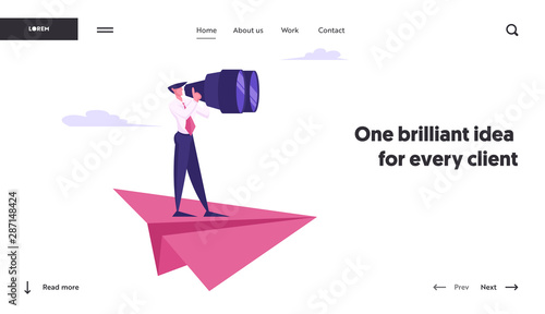 Business Man Future Planning Strategy Vision Website Landing Page. Man Stand on Huge Paper Airplane Watching to Binoculars Searching Financial Ideas Web Page Banner. Cartoon Flat Vector Illustration