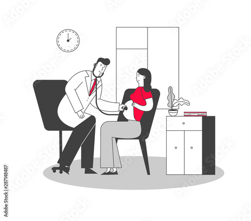Pregnant Woman at Doctor Appointment in Clinic. Male Doctor Character Listening Baby Heart Beating Put Stethoscope on Female Belly. Pregnancy Check Up, Maternity. Cartoon Flat Vector Illustration
