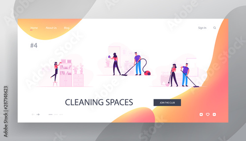 Houseworking Characters Cleaning Home Website Landing Page. Couple Everyday Routine. Home Duties and Chores, Mopping Wiping Dust and Vacuum Cleaning Web Page Banner. Cartoon Flat Vector Illustration