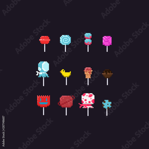 Pixel cartoon lolipop set.8 bit art.